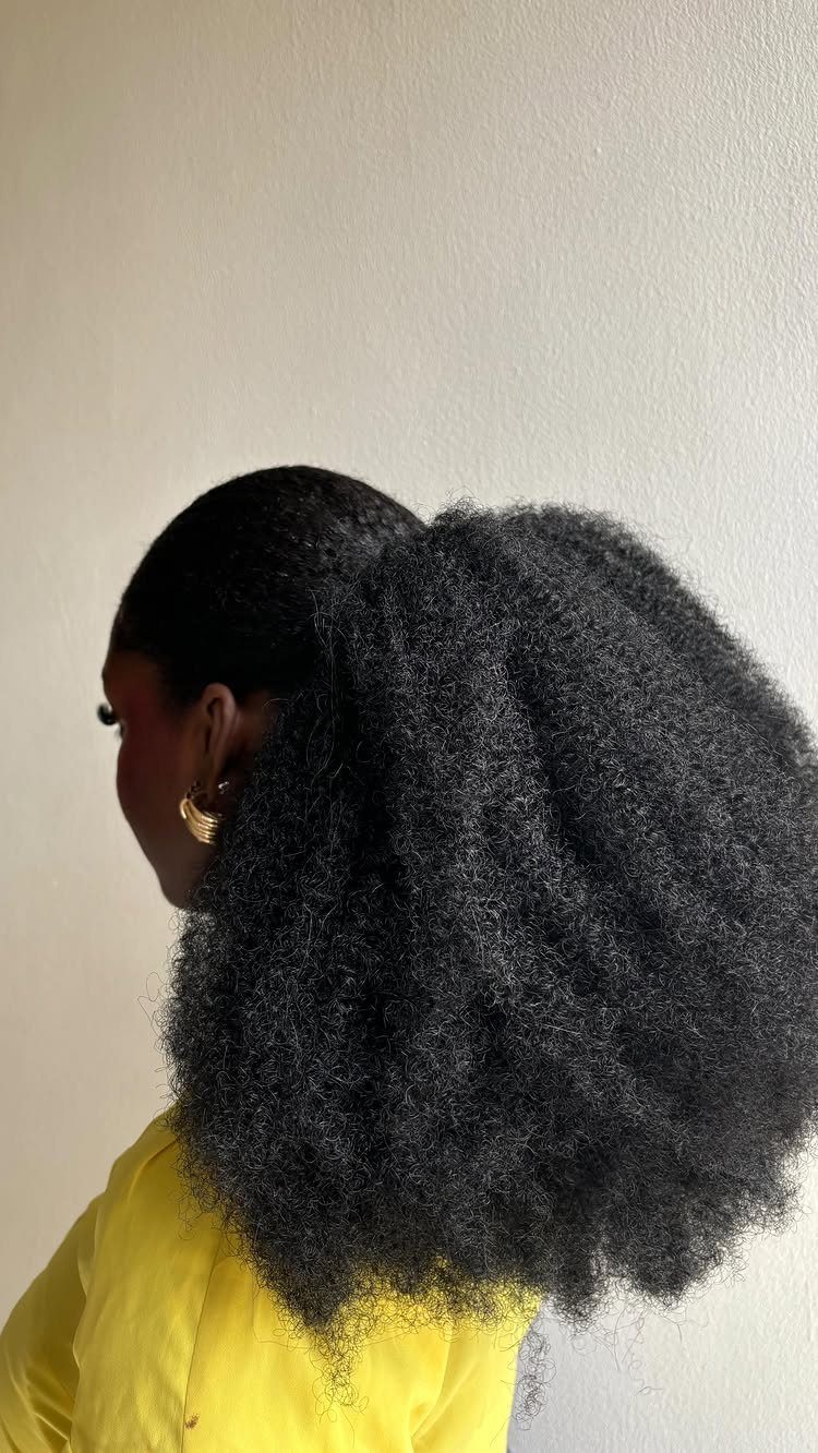 4C Hair Blown Out with Braids, Buns and Waves: 9 Ideas 8 Woman with voluminous blown-out 4C hair styled in a high ponytail.