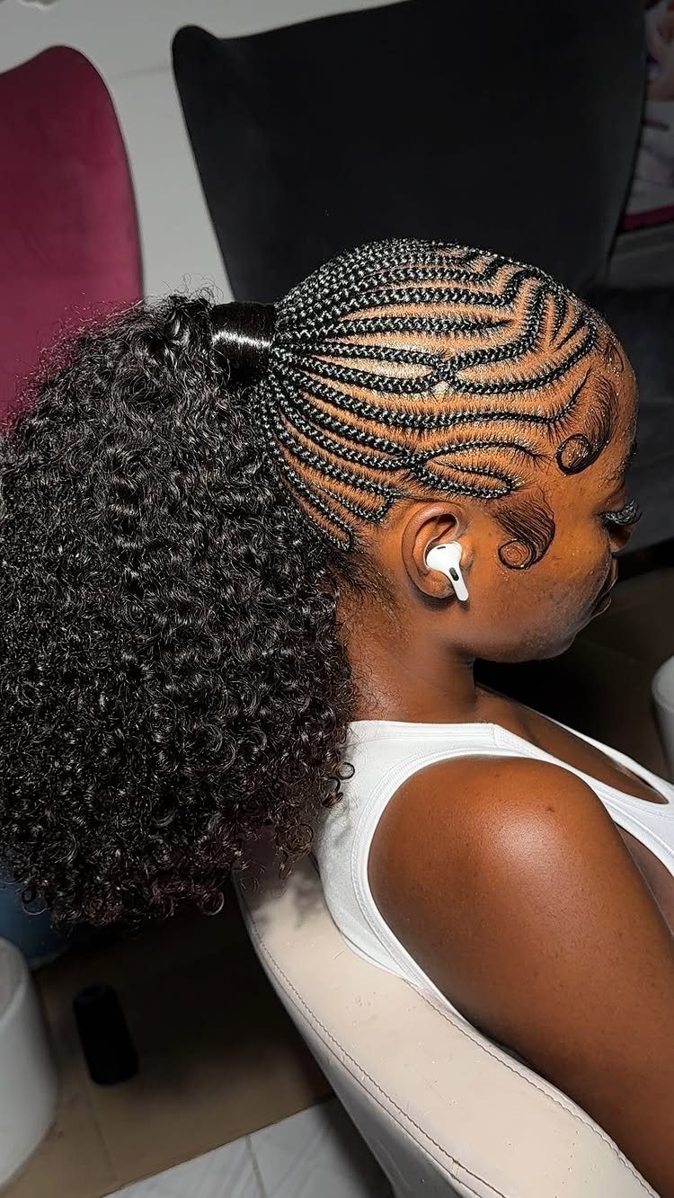 African Hair Lines: 10 Cornrow and Braid Styles to Wear 2 Curved cornrow braids sweeping across the scalp into a curly ponytail.
