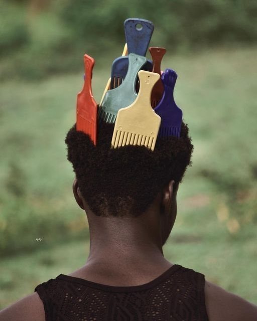 Colorful afro combs inserted into the curly hair of a person from behind.
