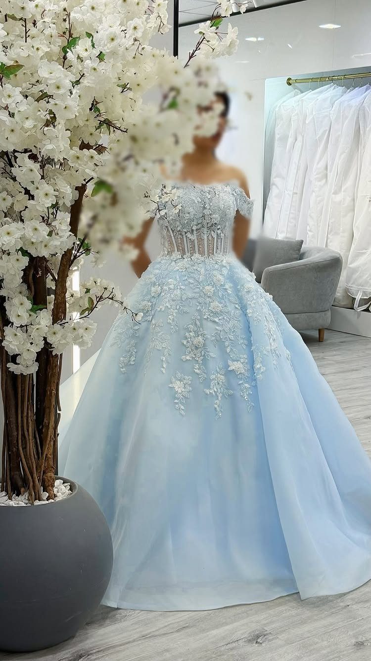 Ball Dresses Blue for Prom and Formal Events: 10 Ideas 4 Light blue ball gown with floral lace details and a voluminous skirt.