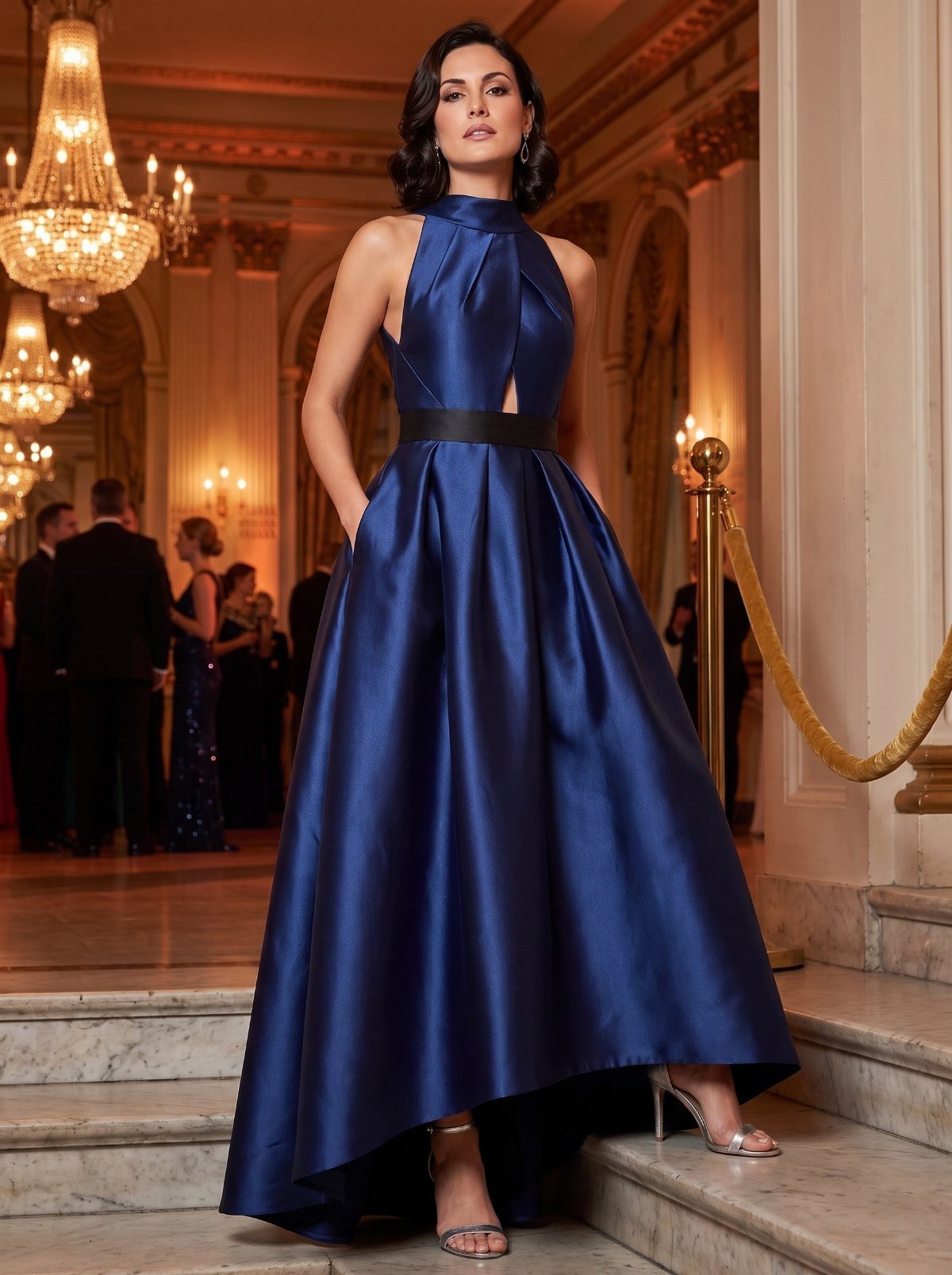 Ball Dresses Blue for Prom and Formal Events: 10 Ideas 2 Woman in navy blue satin halter-neck ball dress standing on marble stairs.