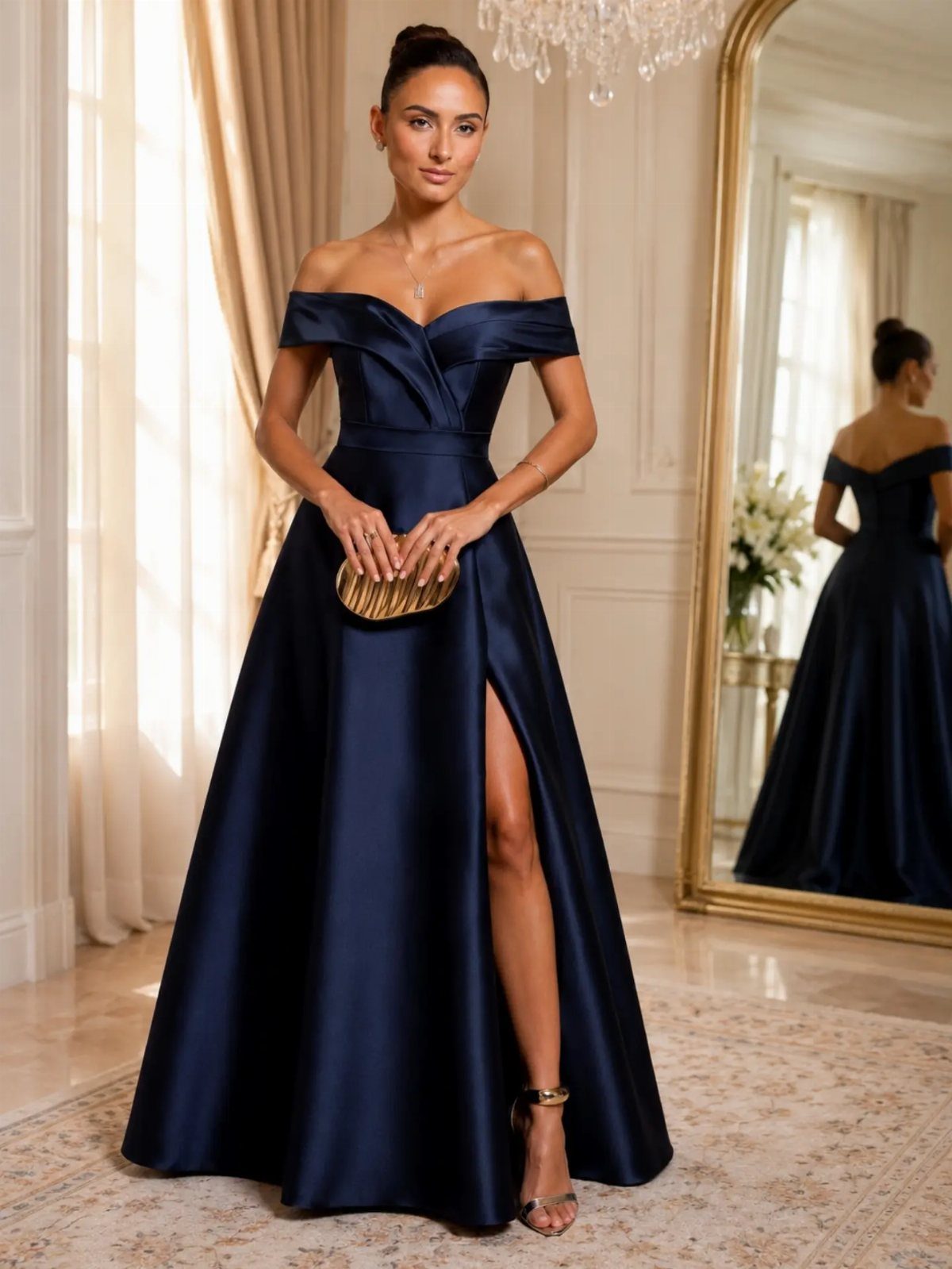 Ball Dresses Blue for Prom and Formal Events: 10 Ideas 6 Woman in navy blue satin off-the-shoulder ball gown with a high leg slit