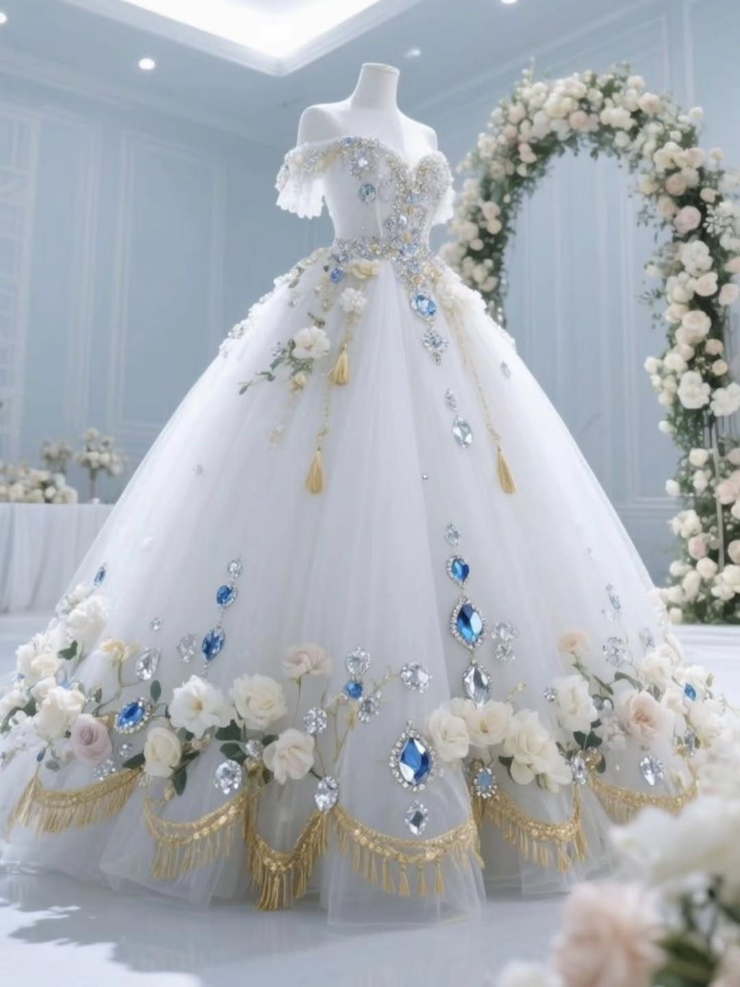 Big Princess Dress Ideas: 7 Tulle, Lace and Satin Gowns 5 White off-the-shoulder ball gown with blue gems and gold fringe on a mannequin