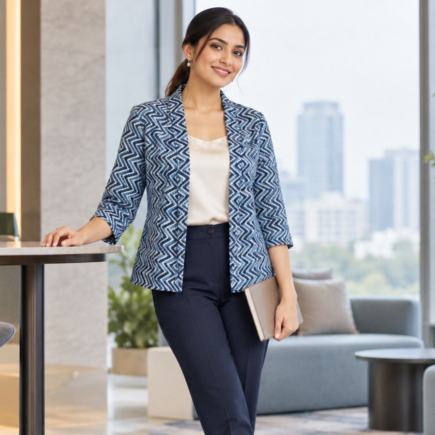 Blue Blazer Outfit for Women: 24 Ideas to Wear 15 Woman in a blue patterned blazer, cream top, and navy trousers in an office.