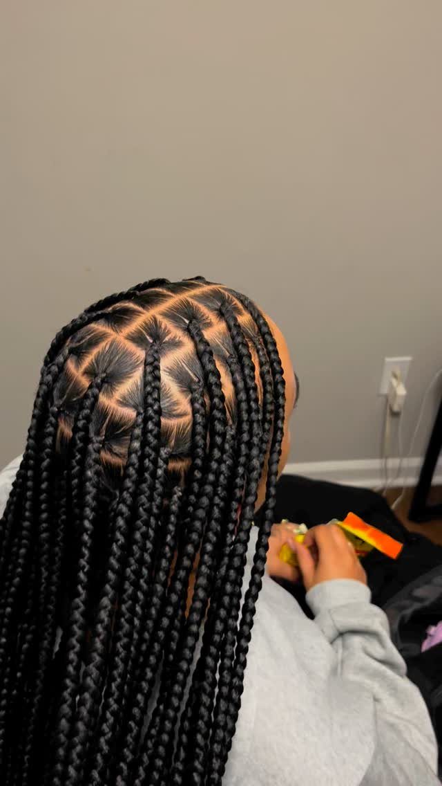 Small black box braids with clean square parts on a person's head.