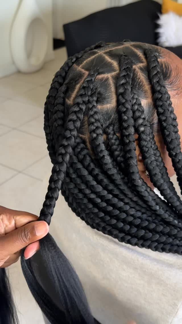 Thick black box braids with triangle parts on a person's head.