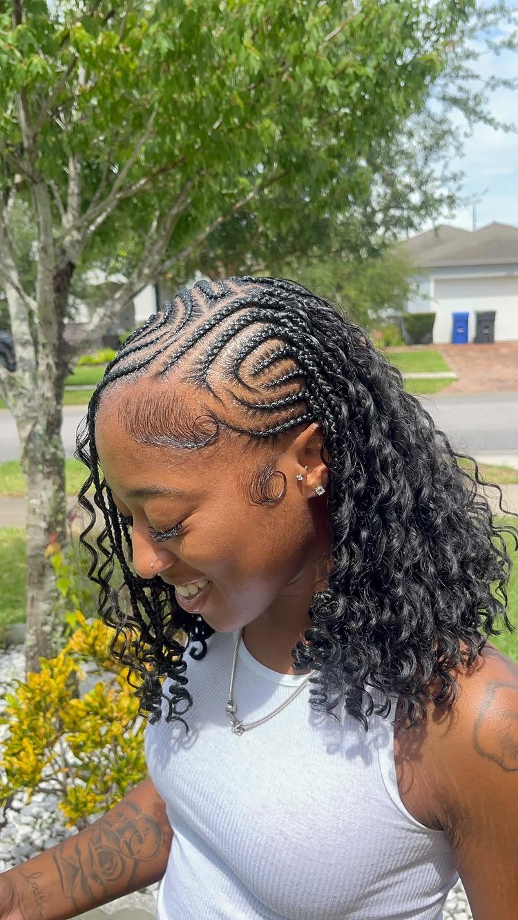20 Braids and Women Hairstyles to Try in 2026 14 Woman with cornrows transitioning into loose curly boho braids outdoors in sunlight