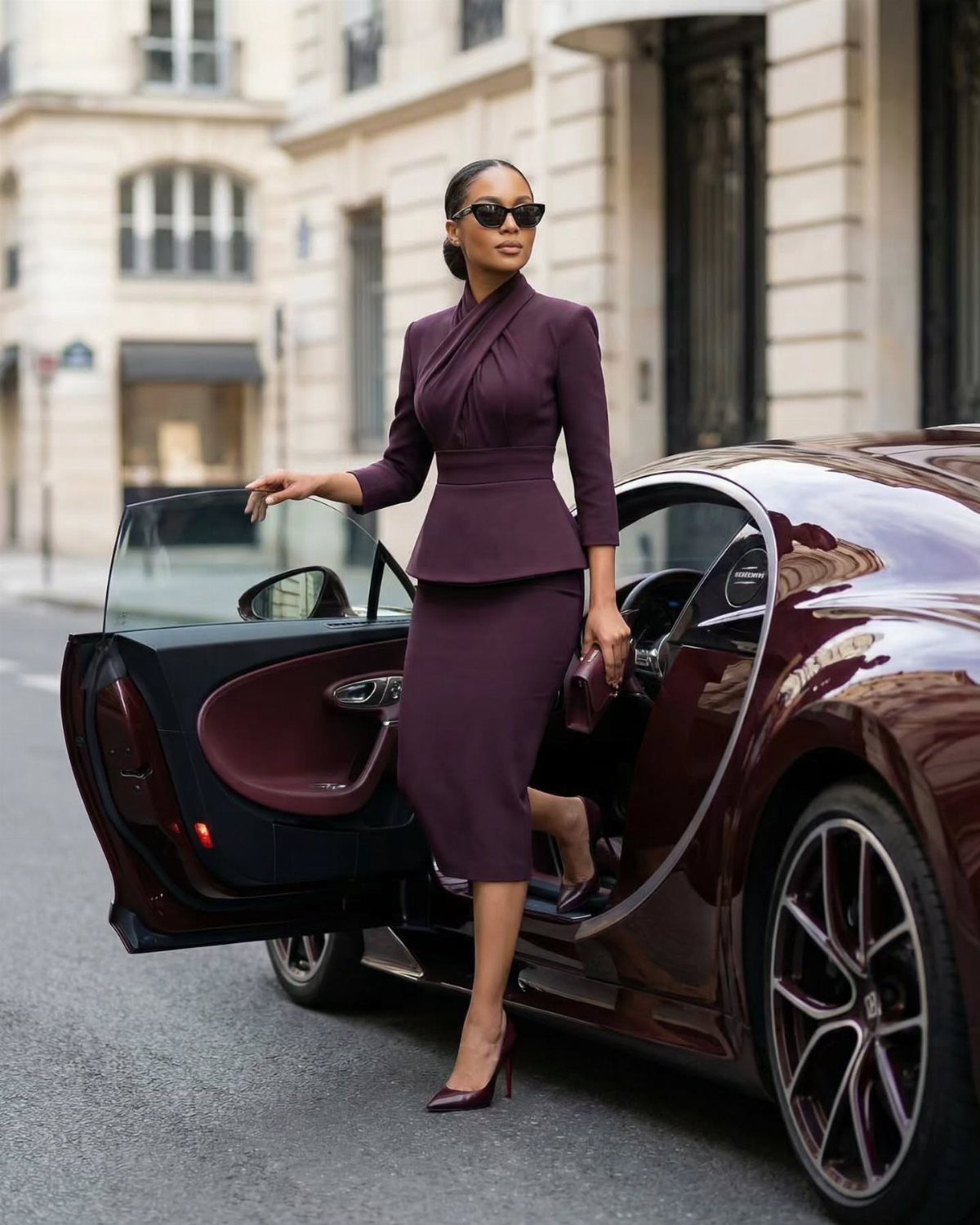 Woman in a plum tailored skirt suit standing by a maroon luxury car.