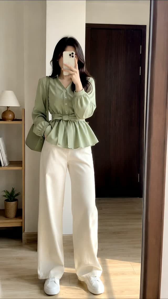 Casual Court Outfit for Women: 6 Ideas to Wear 6 Woman wearing a sage green belted blouse and wide-leg white trousers with sneakers.