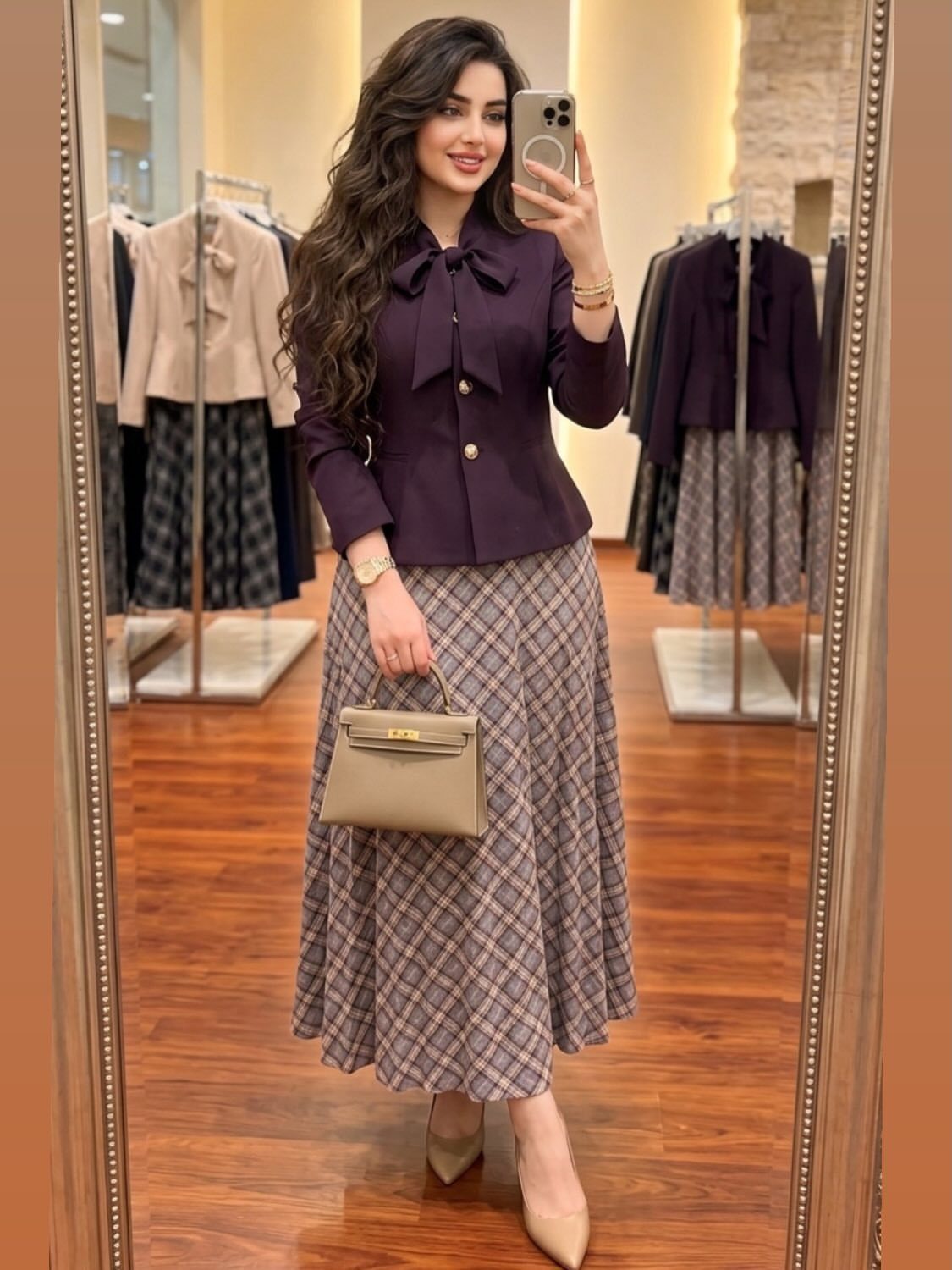 Casual Court Outfit for Women: 6 Ideas to Wear 1 Woman wearing a purple bow blouse and plaid midi skirt in a boutique.