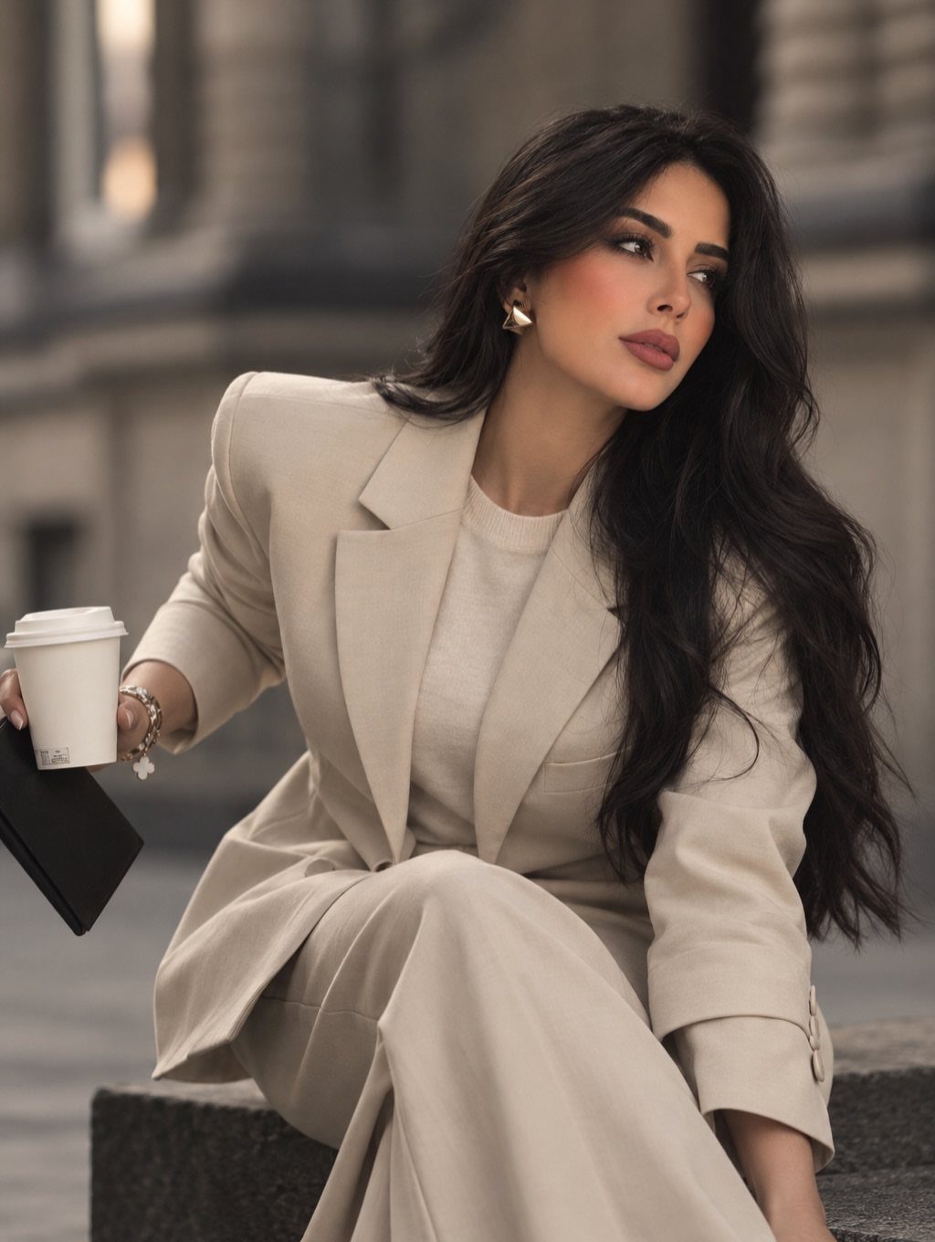 12 Casual Elegance Outfits for Easy Everyday Style 8 Woman in a beige blazer and tailored trousers sitting outdoors with a coffee cup.