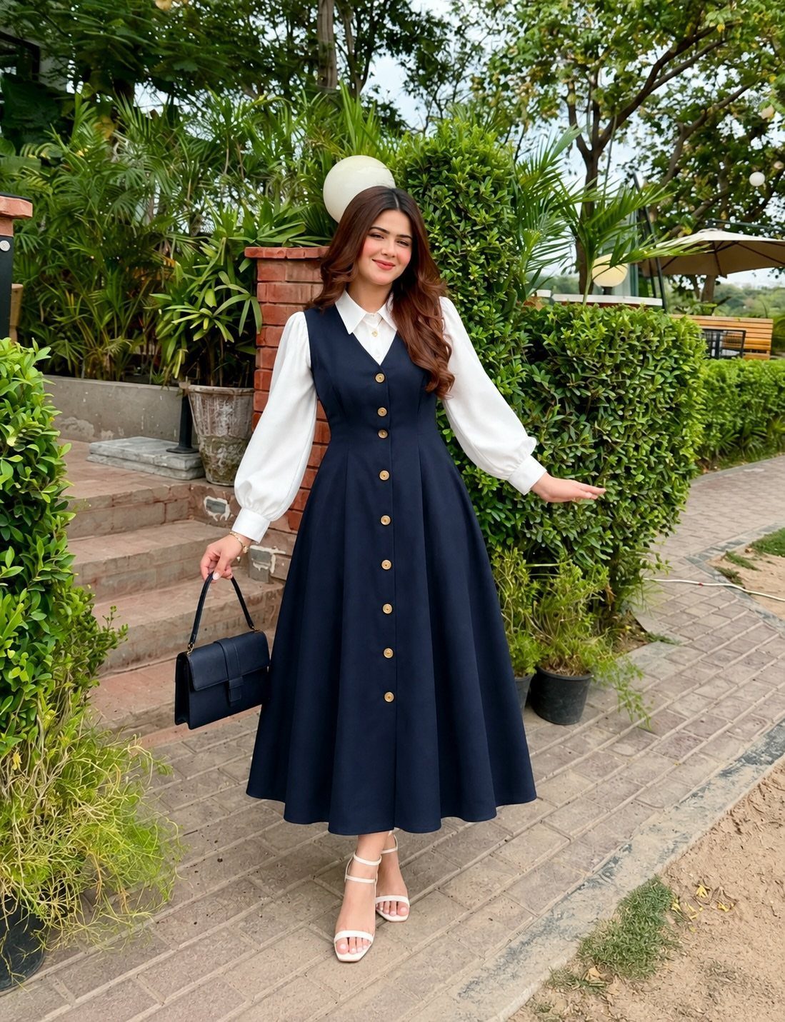 12 Casual Elegance Outfits for Easy Everyday Style 9 Woman in navy blue midi dress over white blouse holding black handbag outdoors
