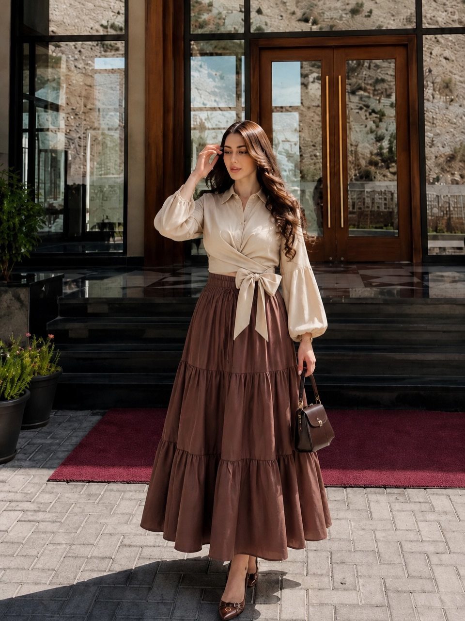 12 Casual Elegance Outfits for Easy Everyday Style 10 Woman wearing a cream tied blouse and tiered brown maxi skirt with heels.