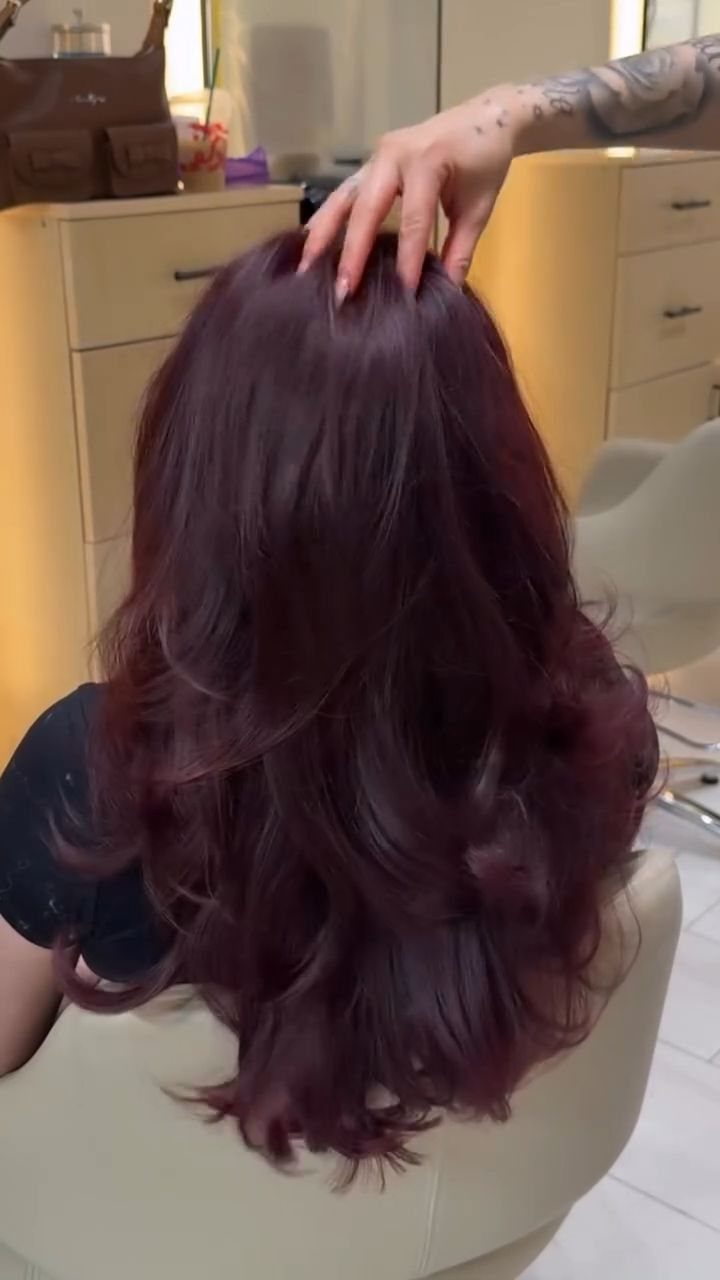 Chocolate Plum Hair: 6 Ideas for Deep Purple-Brown Color 4 Long glossy deep chocolate plum hair styled in loose waves in a salon