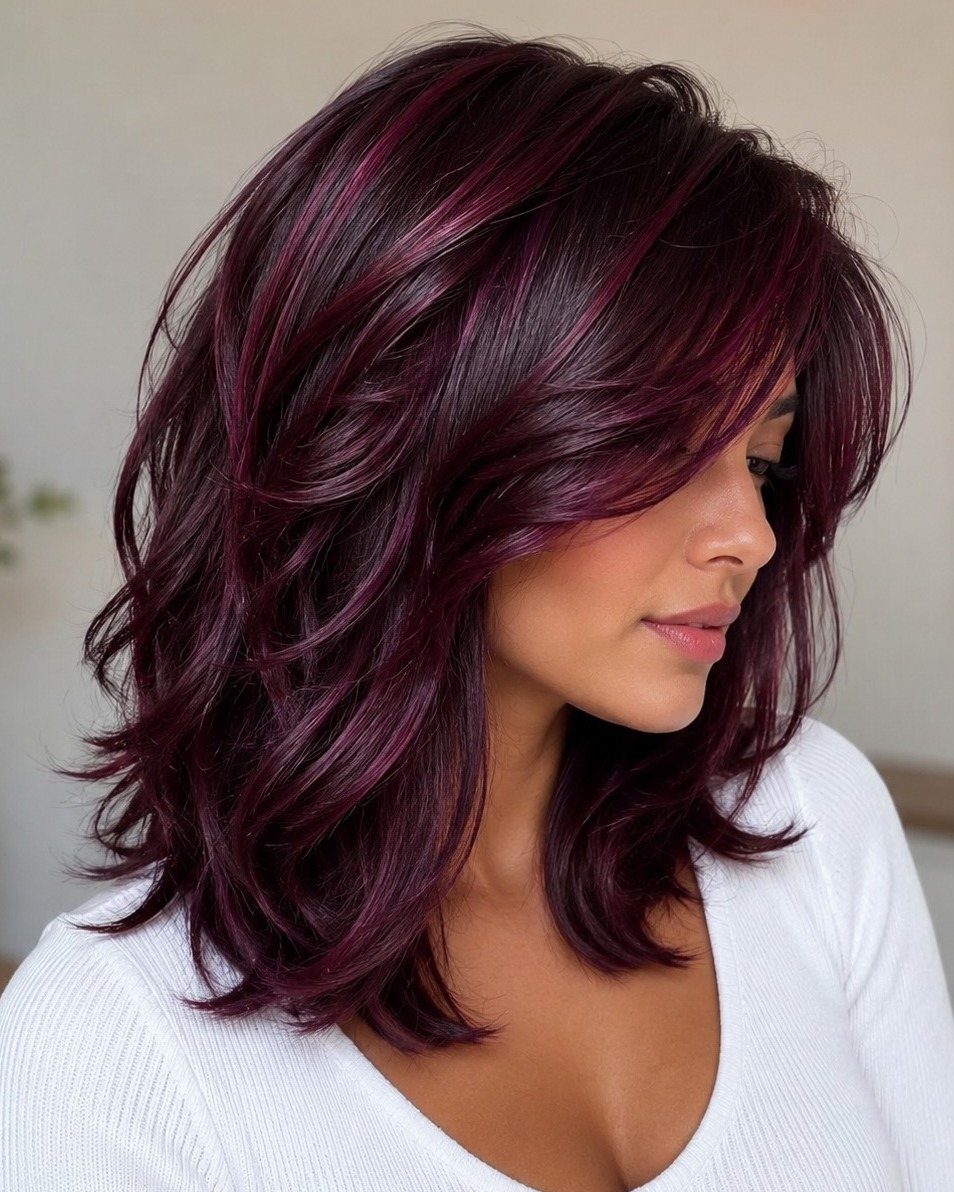 Chocolate Plum Hair: 6 Ideas for Deep Purple-Brown Color 5 Woman with layered wavy hair featuring deep plum-purple highlights and chocolate brown tones.
