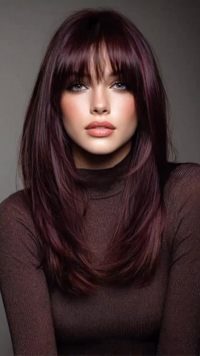 Chocolate Plum Hair: 6 Ideas for Deep Purple-Brown Color 3 Woman with long wavy plum-brown hair and bangs wearing a brown turtleneck sweater.