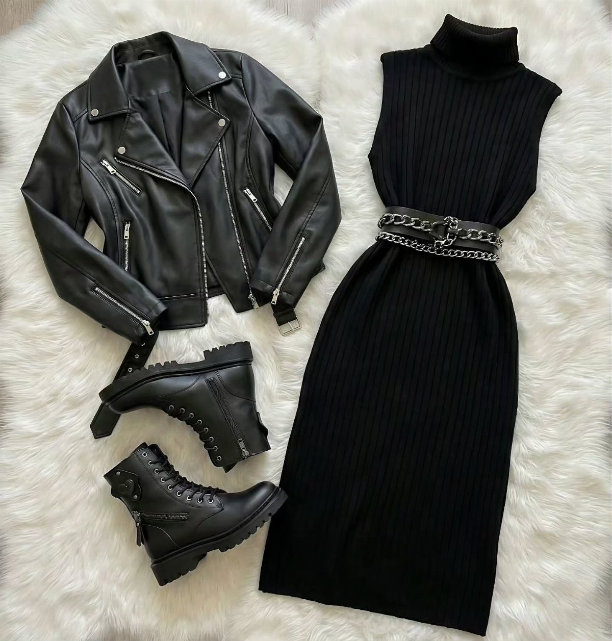 Christmas Outfit for Work: 13 Ideas to Wear to the Office 10 Black ribbed knit midi dress with chain belt, leather jacket, and combat boots.