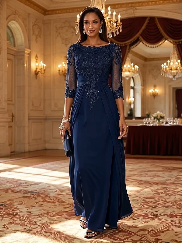 Classic Formal Gowns: 8 Styles for Evening Events 2 Woman in a navy blue floor-length lace gown standing in an ornate ballroom.