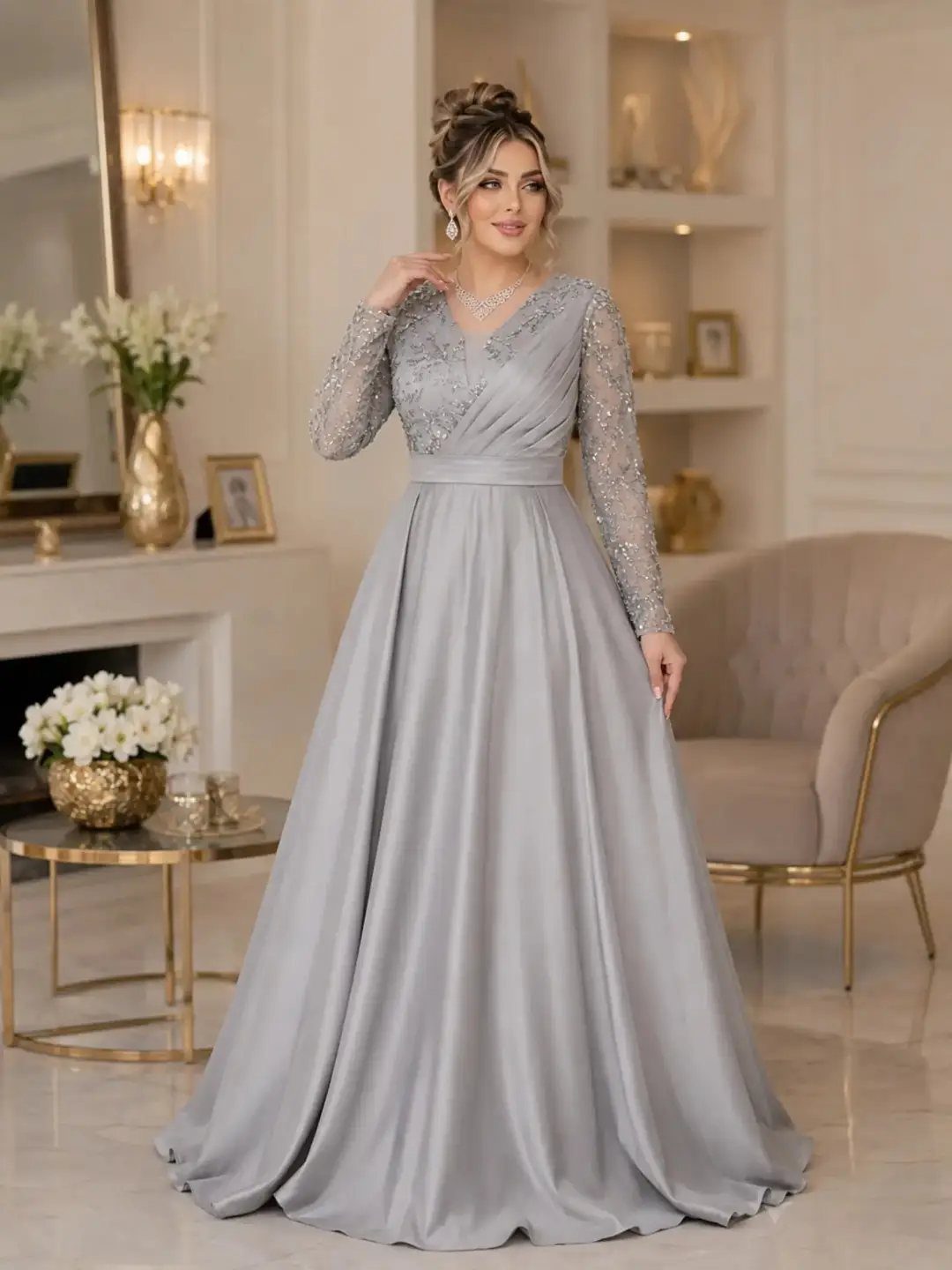 Classic Formal Gowns: 8 Styles for Evening Events 7 Woman in a silver-grey formal gown with lace sleeves in an elegant room