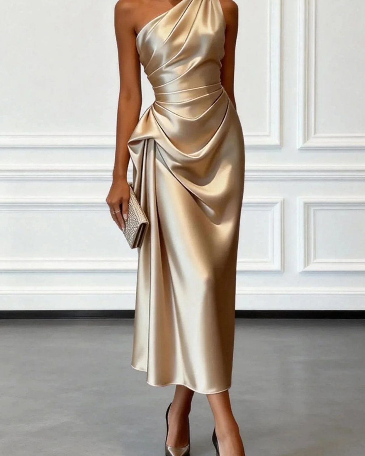 Classic Formal Gowns: 8 Styles for Evening Events 3 Woman in a gold satin one-shoulder midi dress holding a small gold clutch
