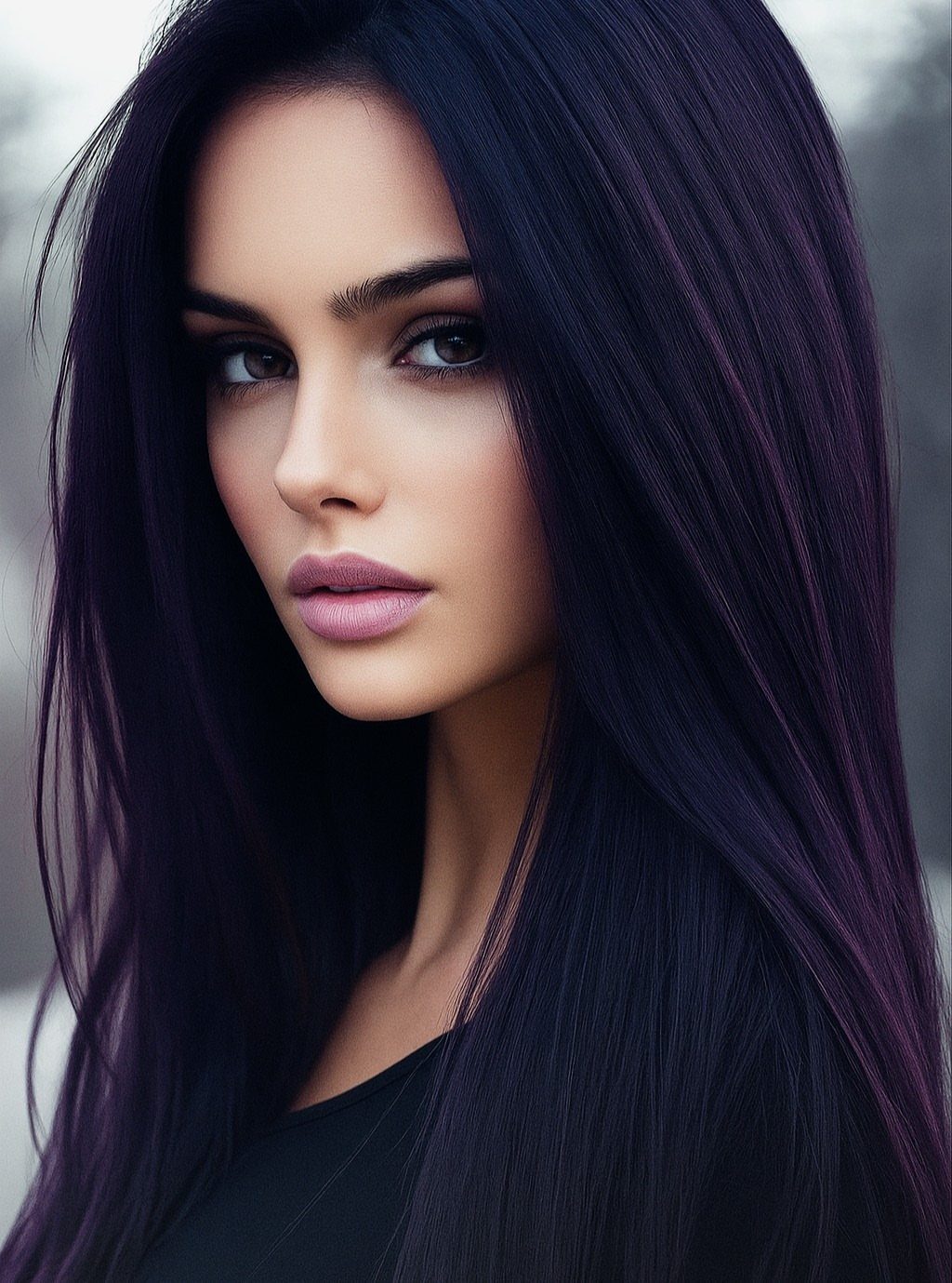 Woman with long, straight, glossy dark violet hair and a neutral expression.
