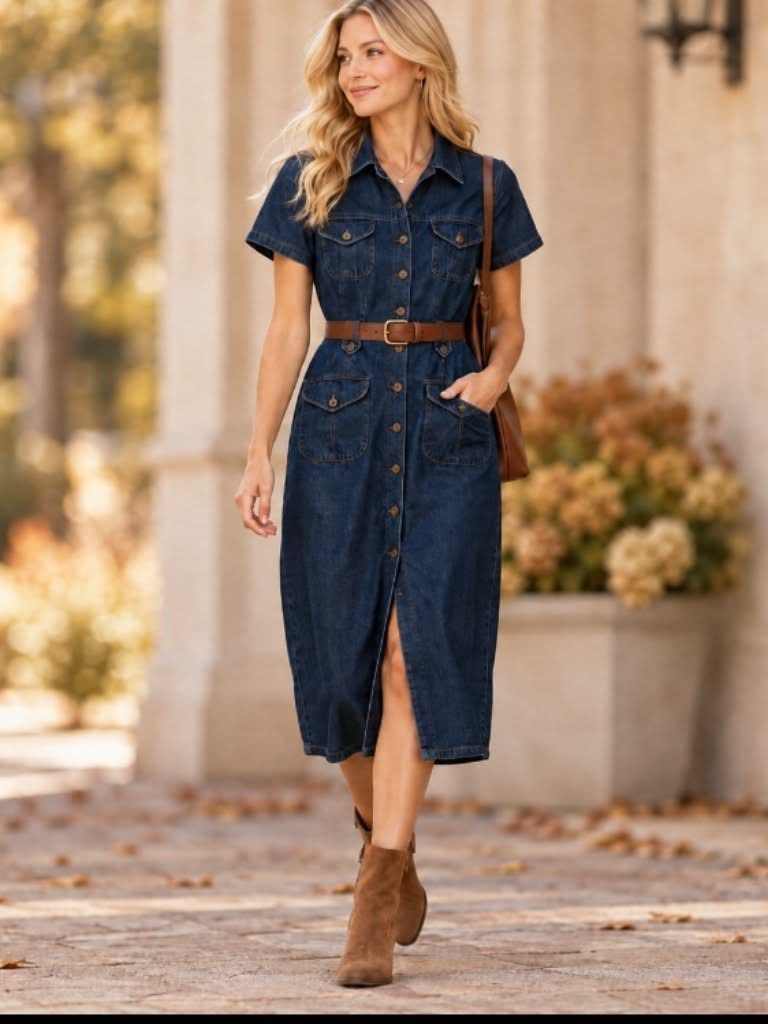 Denim Fitted Dress: 7 Ideas, From Mini to Midi 5 Woman in a dark blue denim midi dress with pockets and brown boots.