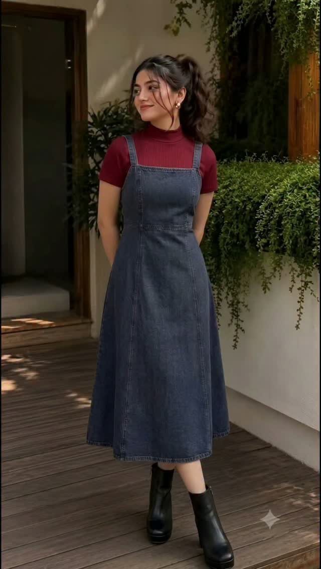 Denim Fitted Dress: 7 Ideas, From Mini to Midi 7 Woman in dark blue denim pinafore dress, maroon turtleneck, and black ankle boots.