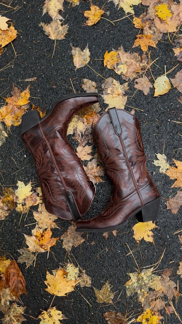 Fall Cowboy Boots for Women: 9 Ideas to Wear Now 3 Brown leather cowboy boots resting on asphalt covered in yellow autumn leaves.