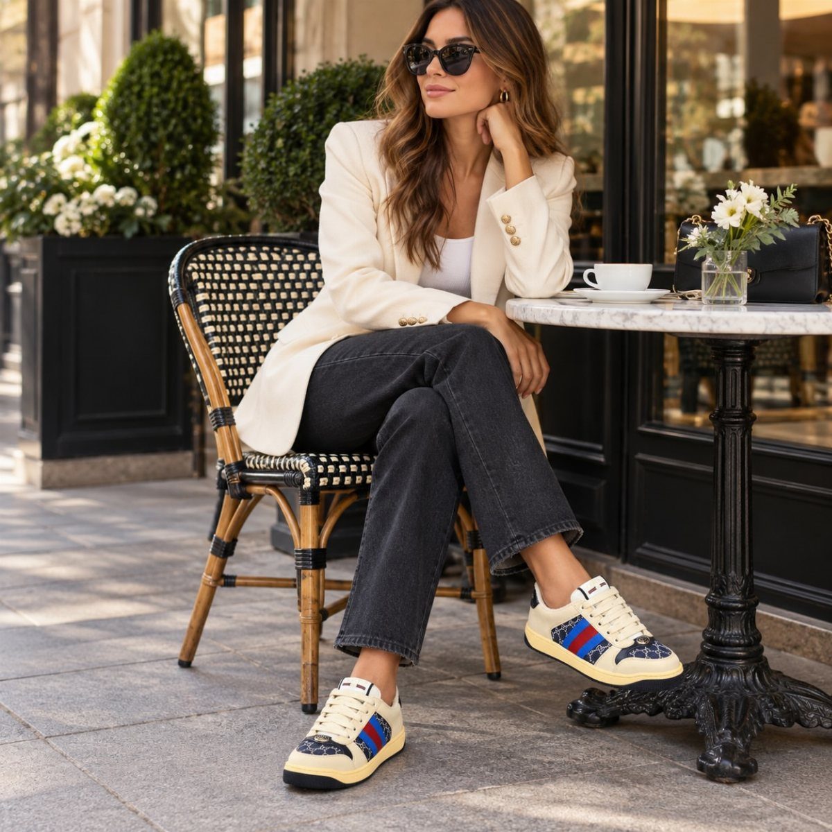 Fancy Sneakers for Women: 9 Ideas, From Retro to Platform 2 Woman in white blazer and black jeans wearing cream low-top leather sneakers.