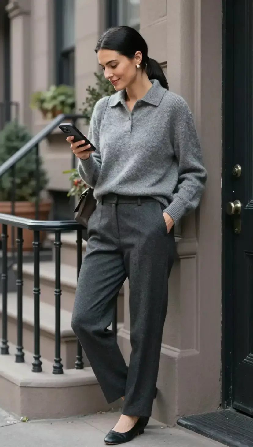 Woman wearing a gray polo sweater and tailored trousers standing by a building.