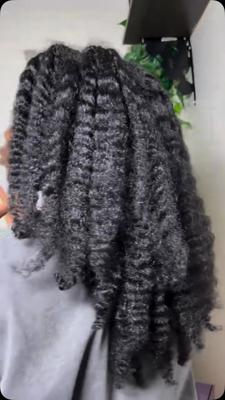 Long black curly hair with defined texture seen from the back.