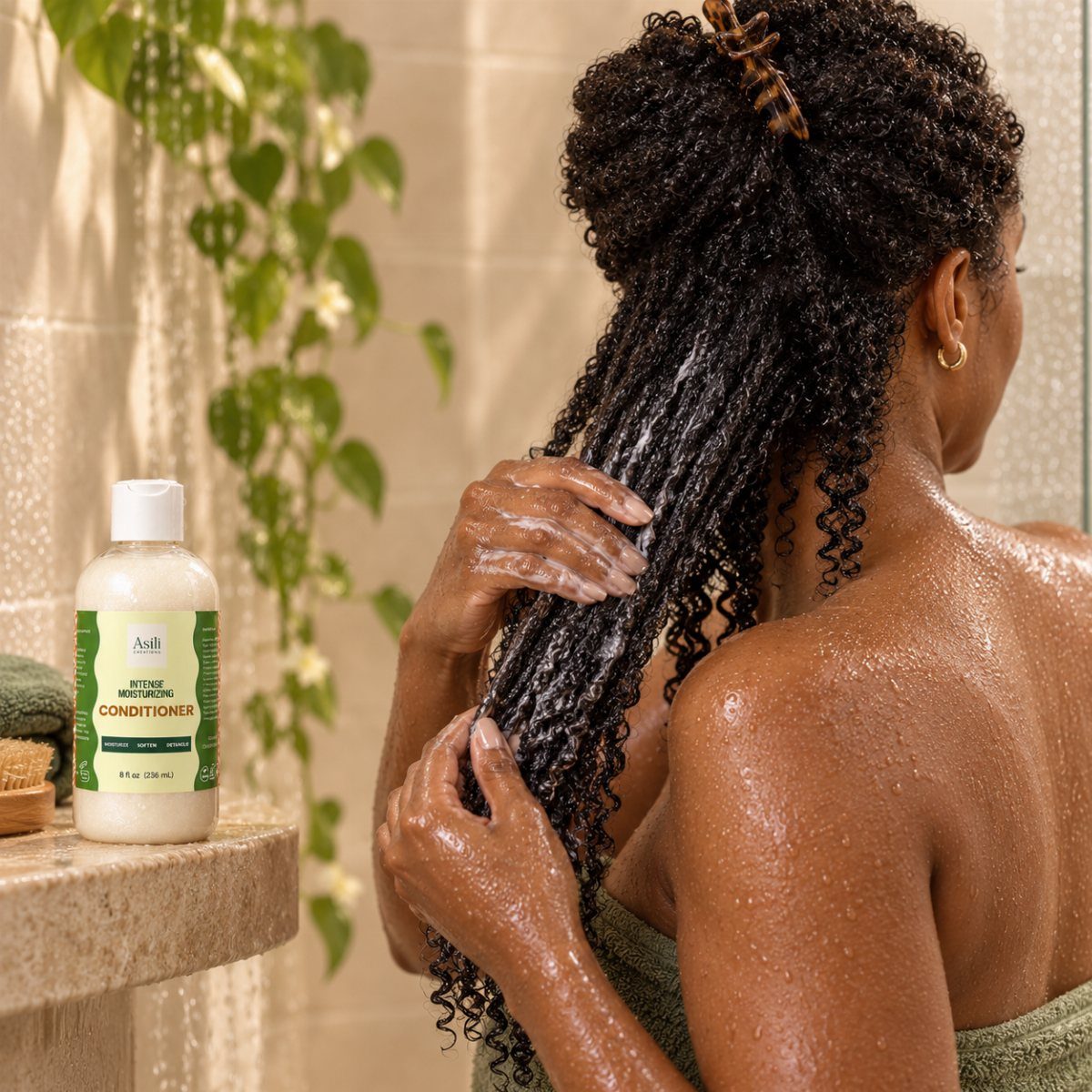 Woman applying moisturizing hair conditioner to her curly hair in a bright bathroom.