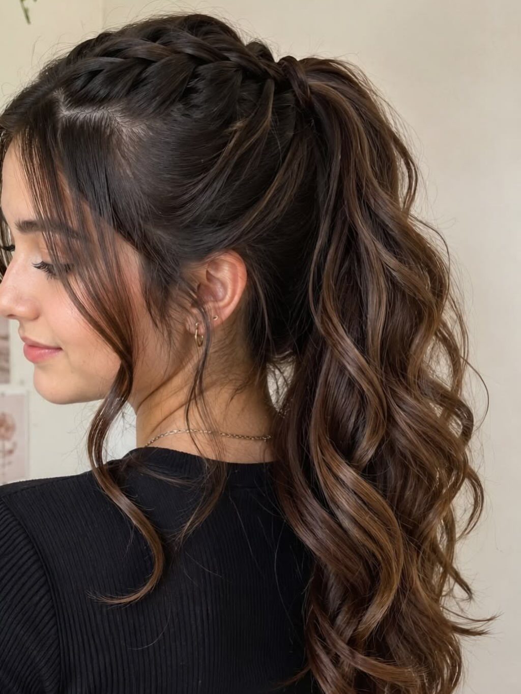 Hair Up Styles to Try: 12 Buns, Ponytails and More 10 Woman with curly brown hair in a braided high ponytail and loose tendrils.