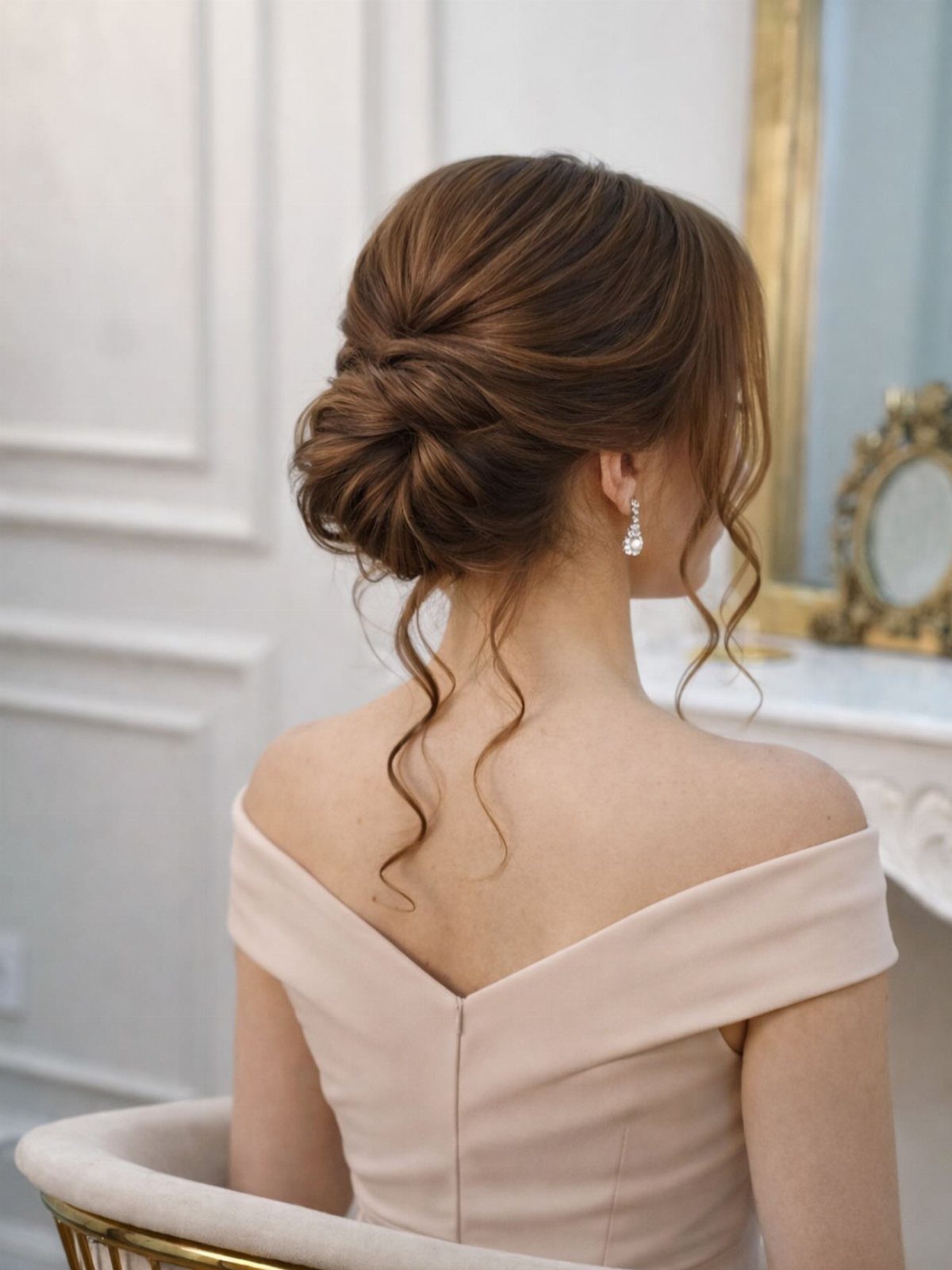 Hair Up Styles to Try: 12 Buns, Ponytails and More 3 Woman with brown hair in an elegant low chignon updo and pink dress
