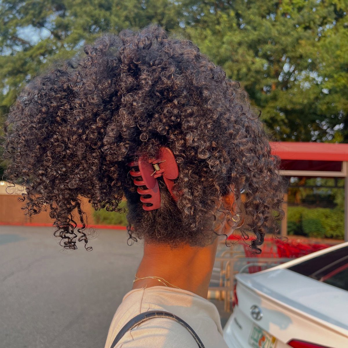 7 Hairstyle for Claw Clip Ideas, Messy Bun to Updo 6 Curly dark hair styled up with a maroon claw clip from behind.