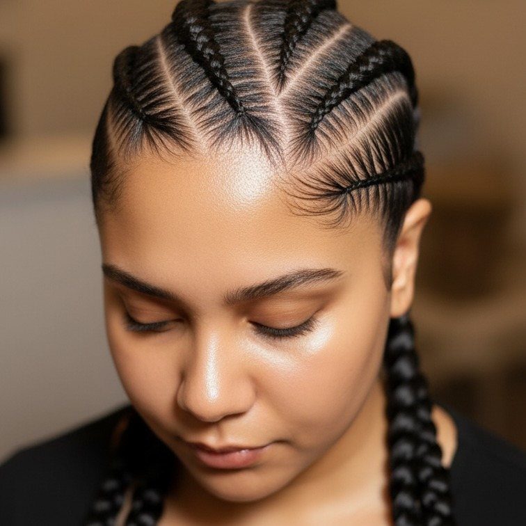 14 Hairstyles for Long Hair for Summer, Easy and Cool 13 Woman with dark hair styled in tight cornrow braids across her scalp.