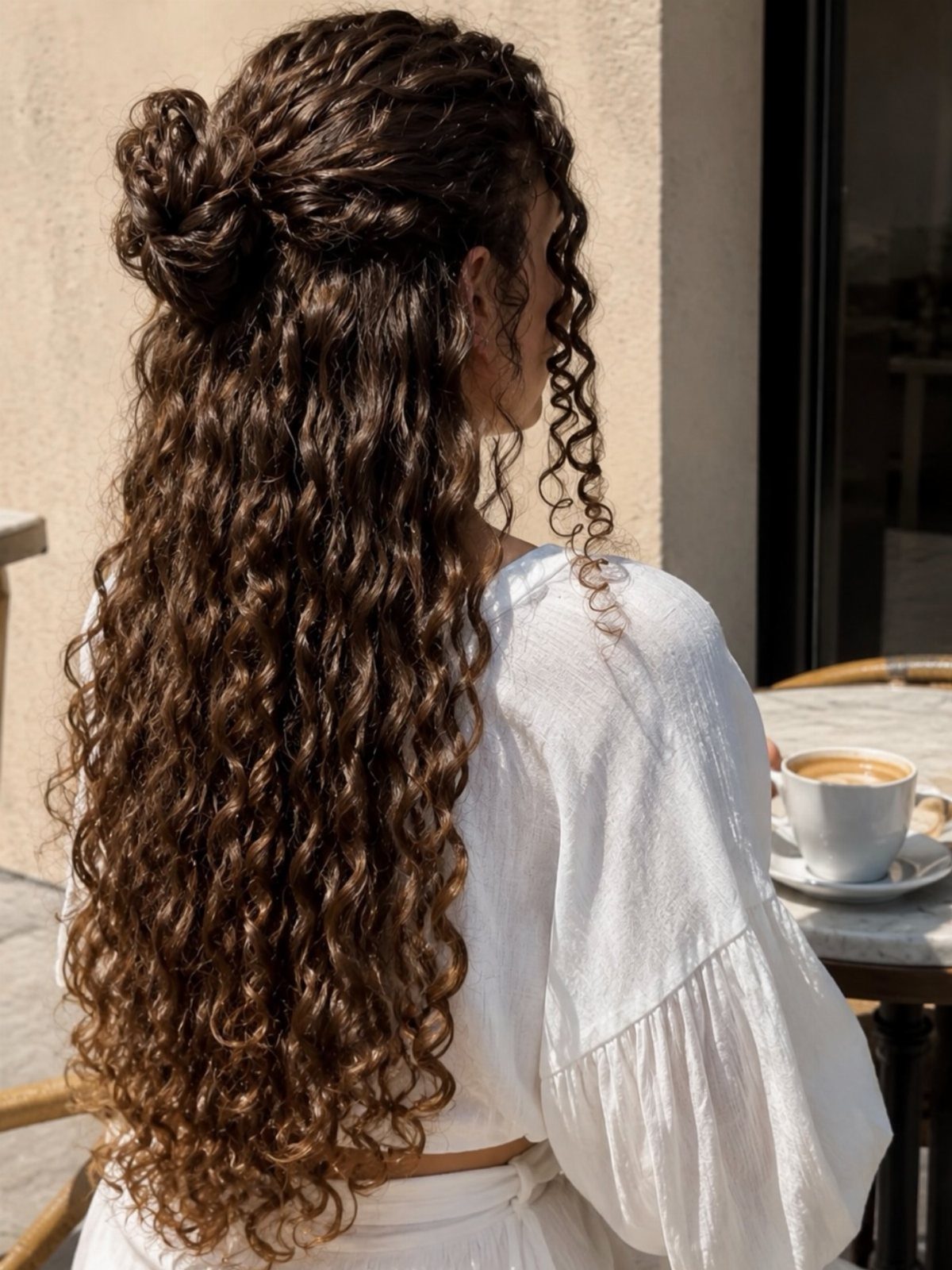 Woman with long voluminous brown curly hair in a partial updo at a cafe