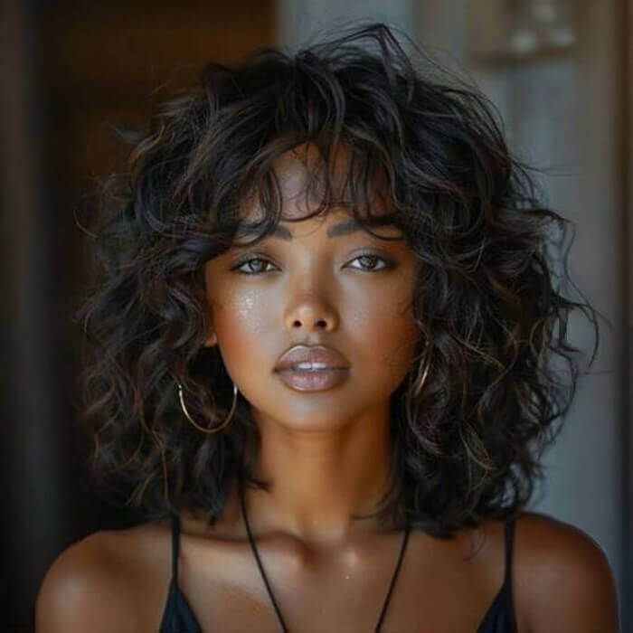 14 Hairstyles with Curly Bangs for Every Length and Curl 7 Woman with voluminous dark brown curly hair and face-framing curly curtain bangs.