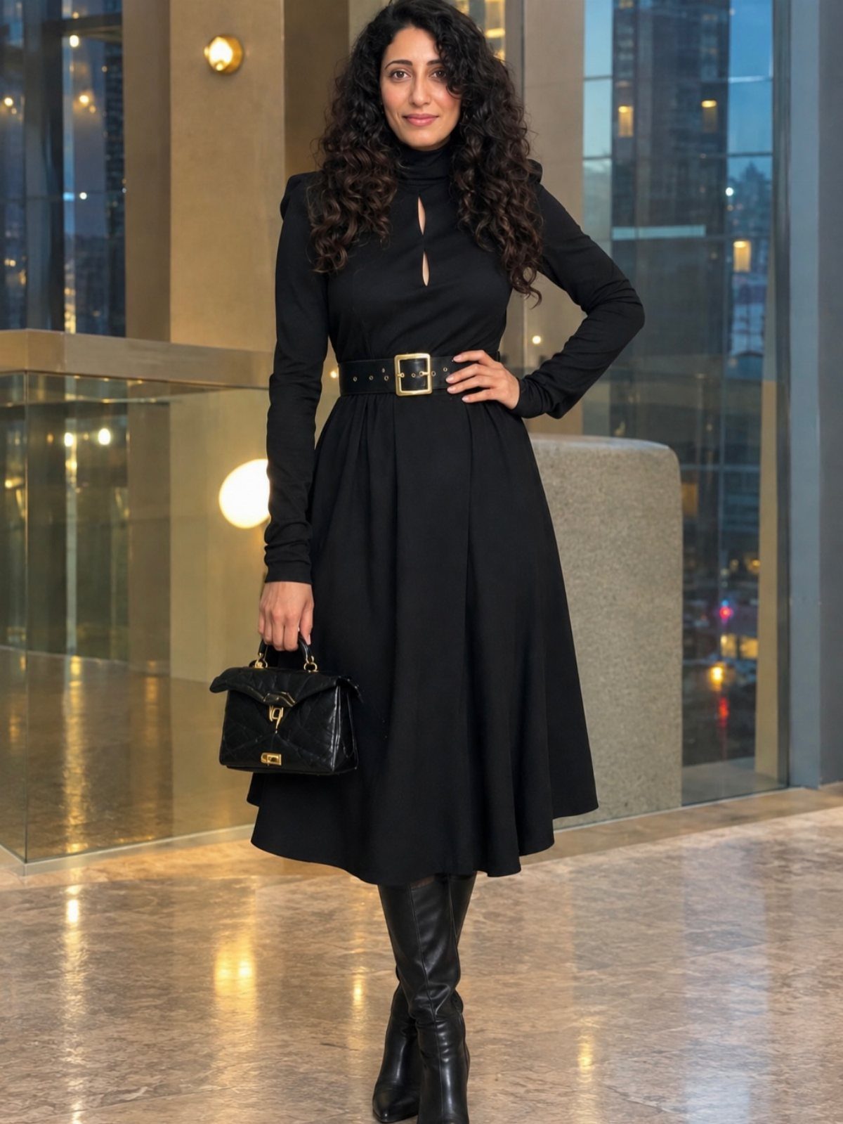 High Cut Boots: 13 Ideas from Kitten Heels to Thigh-High 8 Woman in black midi dress and black knee-high leather boots standing indoors.