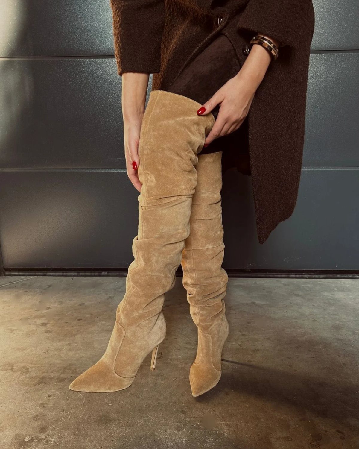 High Cut Boots: 13 Ideas from Kitten Heels to Thigh-High 2 Tan suede over-the-knee boots with high heels worn with a brown coat.