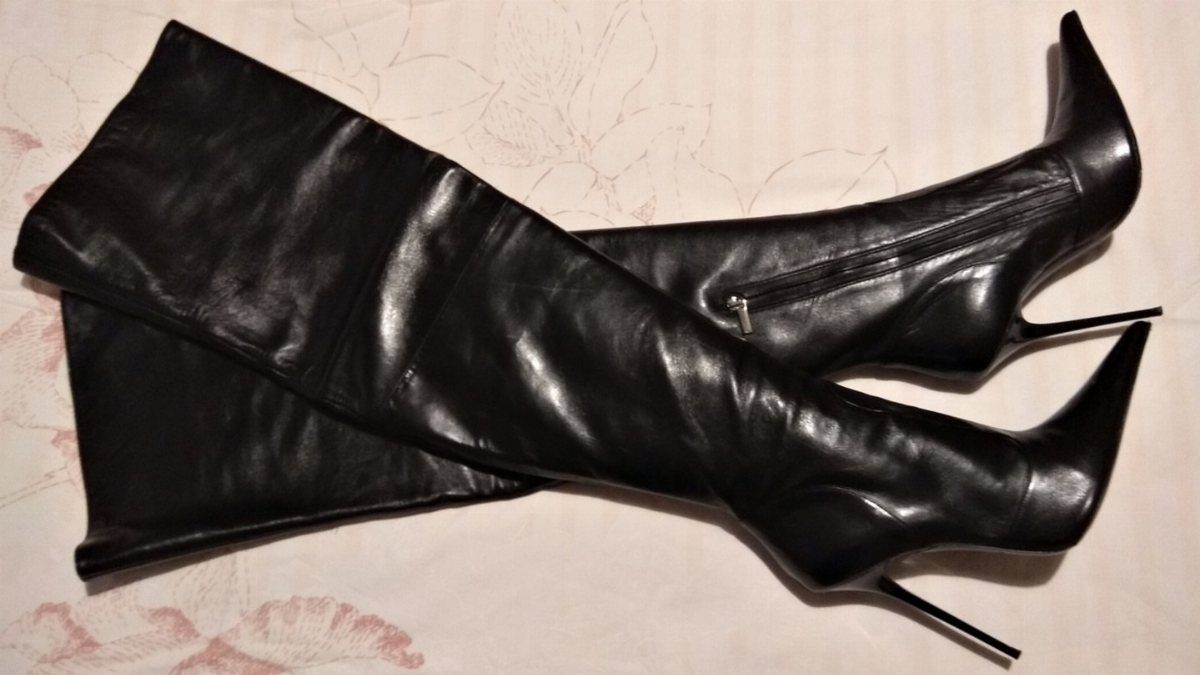 High Cut Boots: 13 Ideas from Kitten Heels to Thigh-High 10 Black leather over-the-knee boots with high stiletto heels on a floral fabric background