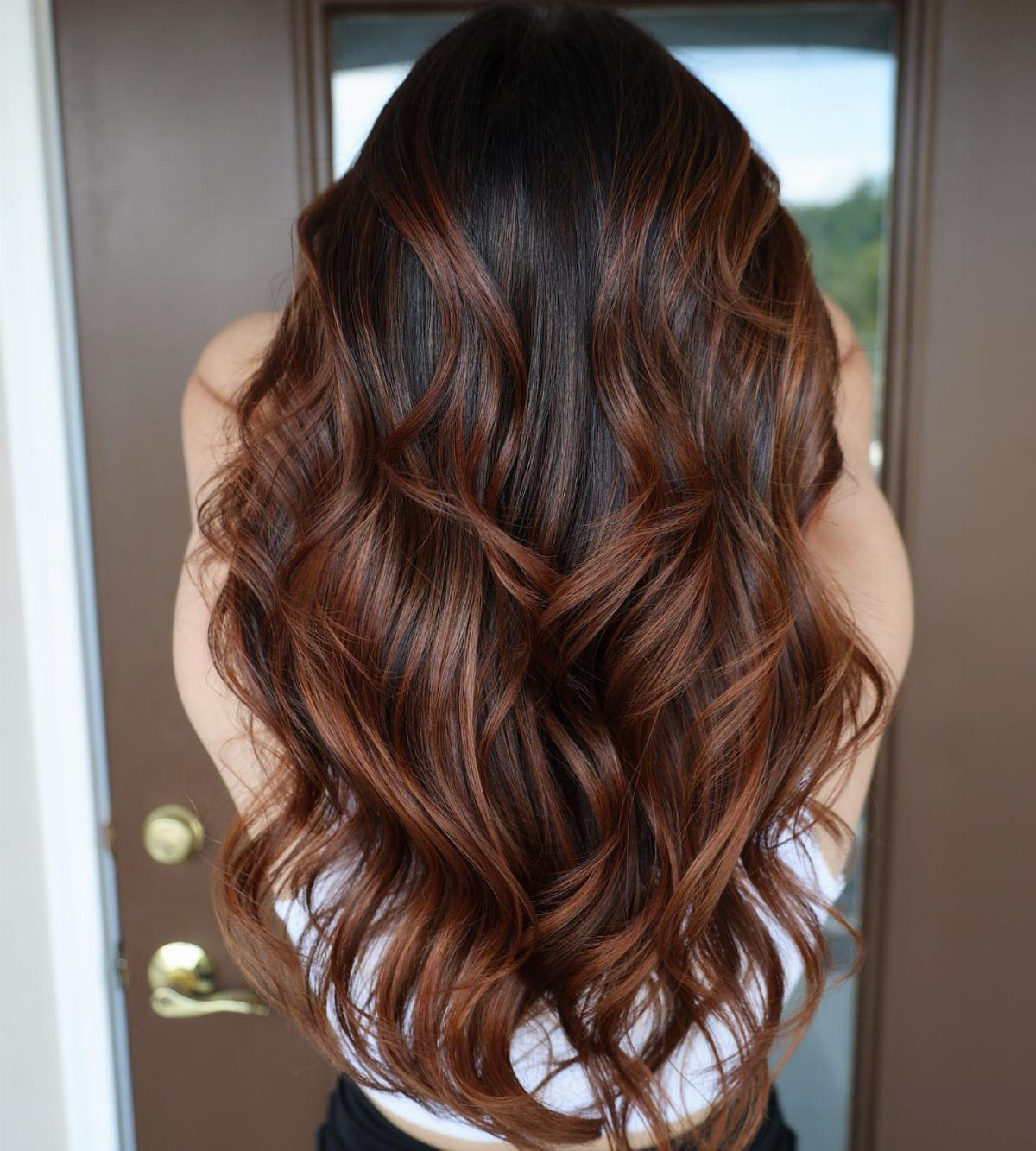 6 Honey Brown Hair with Highlights Ideas for Every Look 3 Long wavy hair with a dark brown base and vibrant copper highlights.