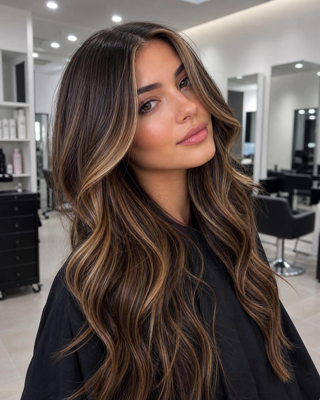 6 Honey Brown Hair with Highlights Ideas for Every Look 5 Woman with honey brown hair and bright golden face-framing highlights in a salon