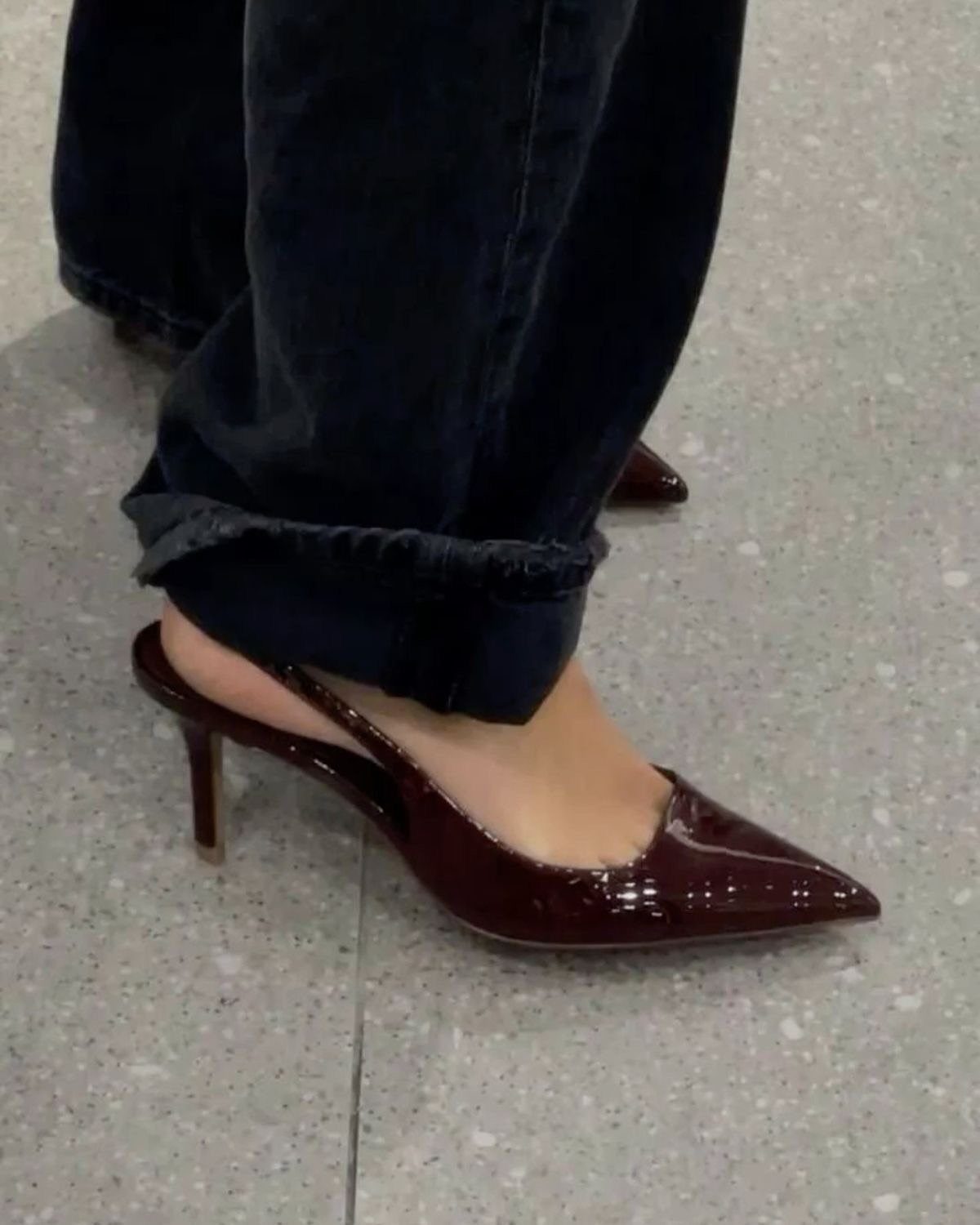 Kitten Heel Shoes for Women: 10 Ideas and Outfits 4 Burgundy patent leather kitten heel pumps worn with dark blue denim jeans.