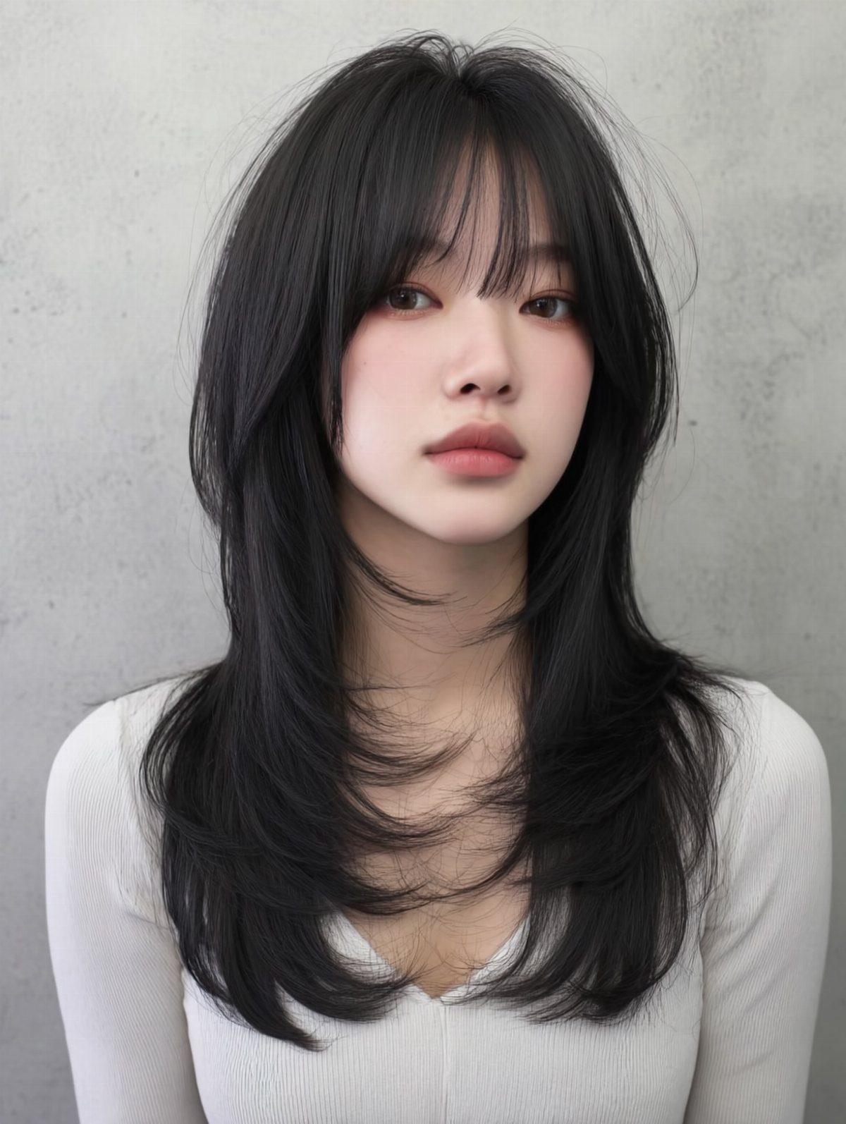 Korean Glass Hair: 6 Sleek and Shiny Styles to Try 4 Young woman with glossy, layered black hair and bangs against a grey wall.