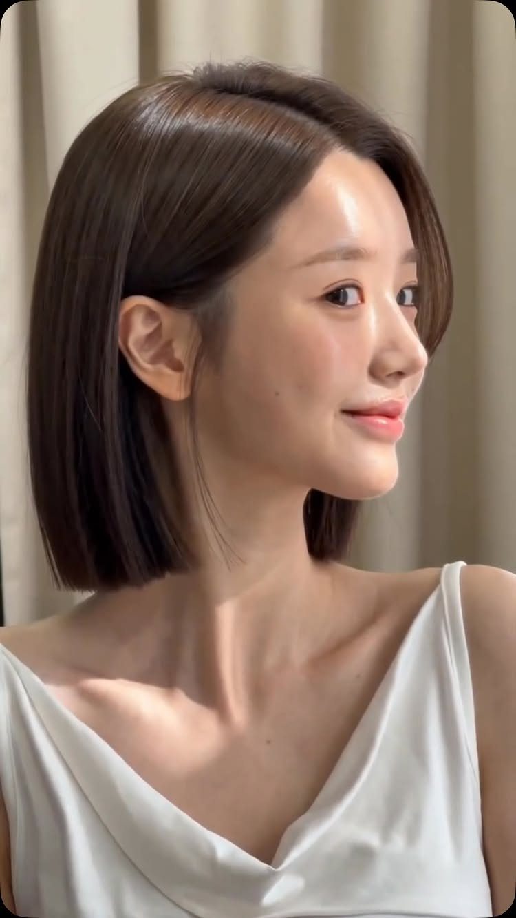 Korean Glass Hair: 6 Sleek and Shiny Styles to Try 6 Woman with a sleek, shiny brown bob haircut and reflective glass hair finish.