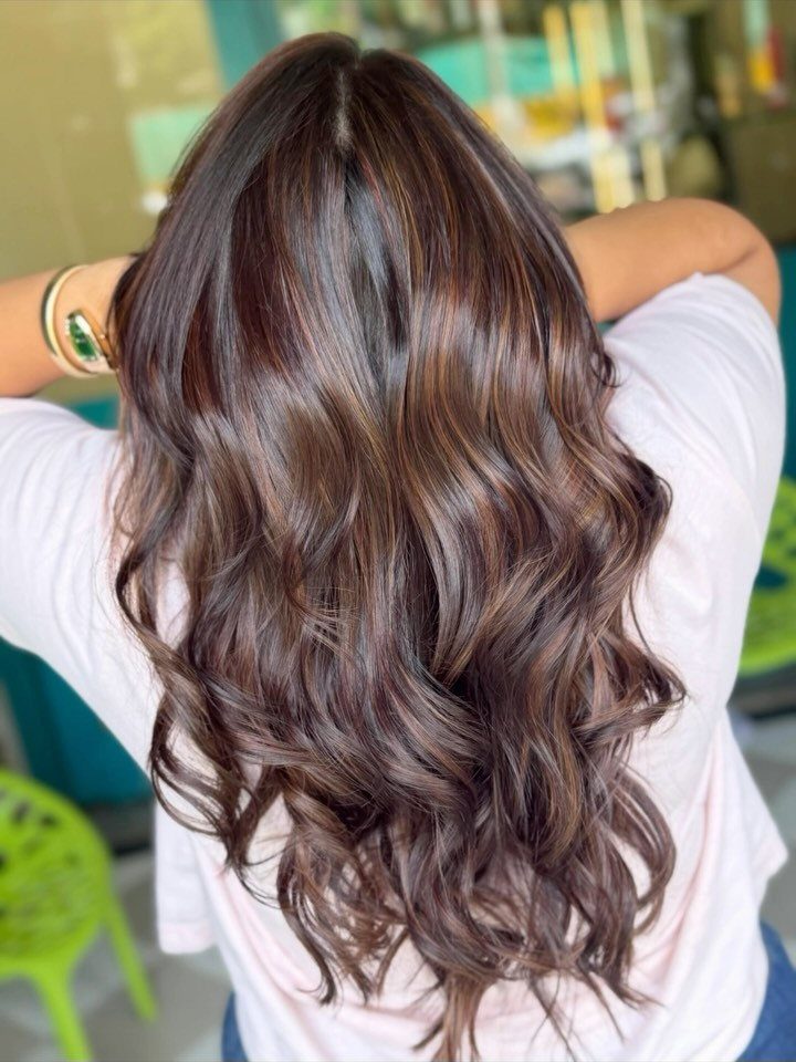 Level 2 Hair Ideas: 5 Looks for Dark Brown Bases 2 Long wavy dark brown hair with subtle balayage highlights seen from behind.