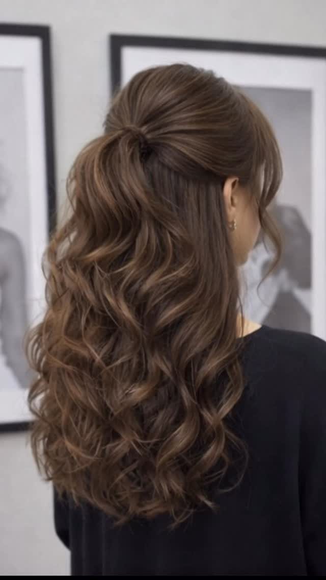 Long wavy brown hair styled in a high half-ponytail from behind.