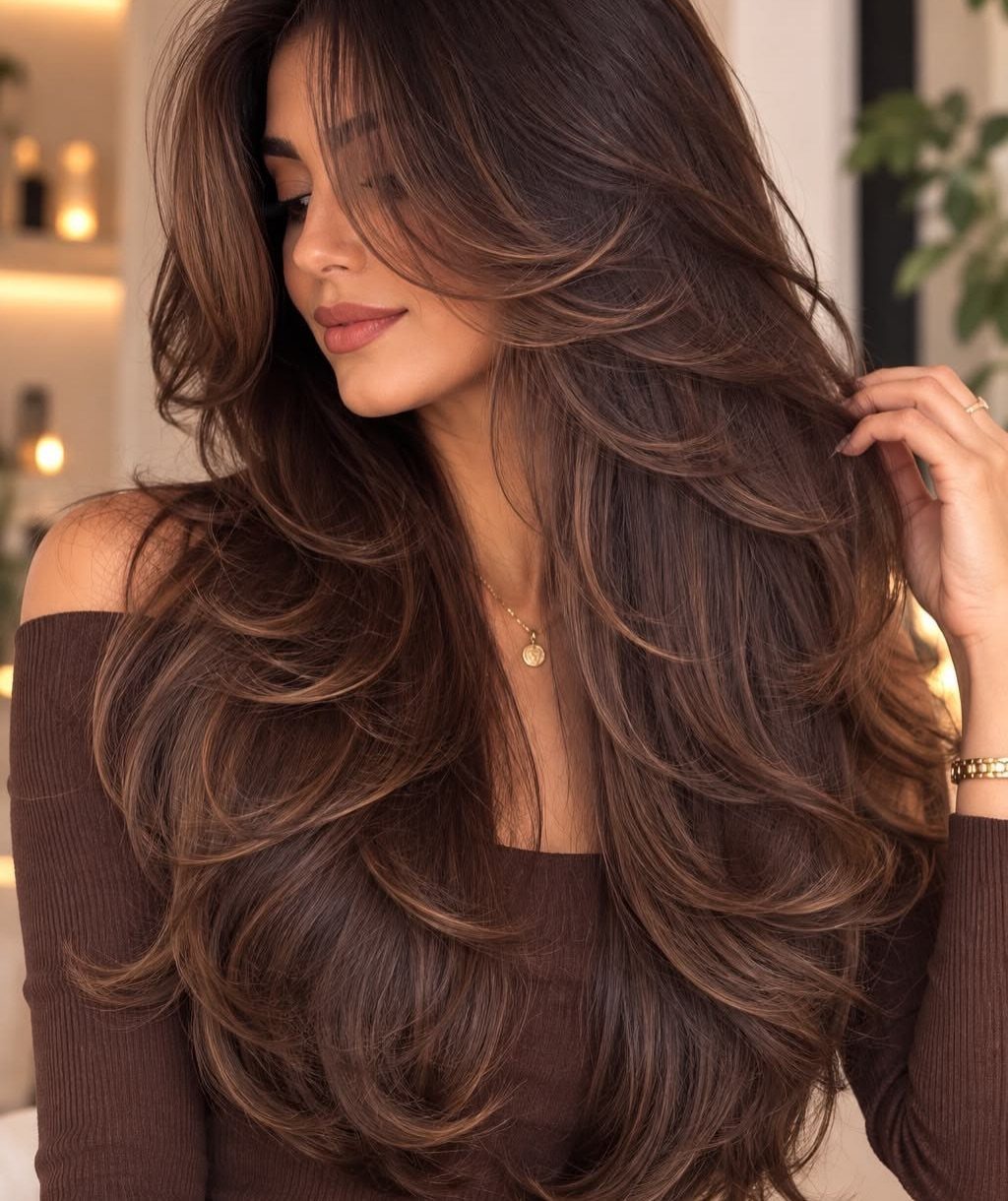Woman with long brown hair featuring voluminous layers and curtain bangs.