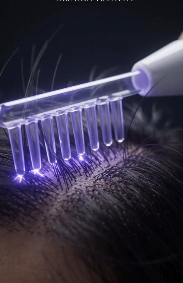 7 Ways to Make Hair Grow Faster, From Biotin to Microneedling 3 Purple light therapy comb being used on dark hair and scalp.